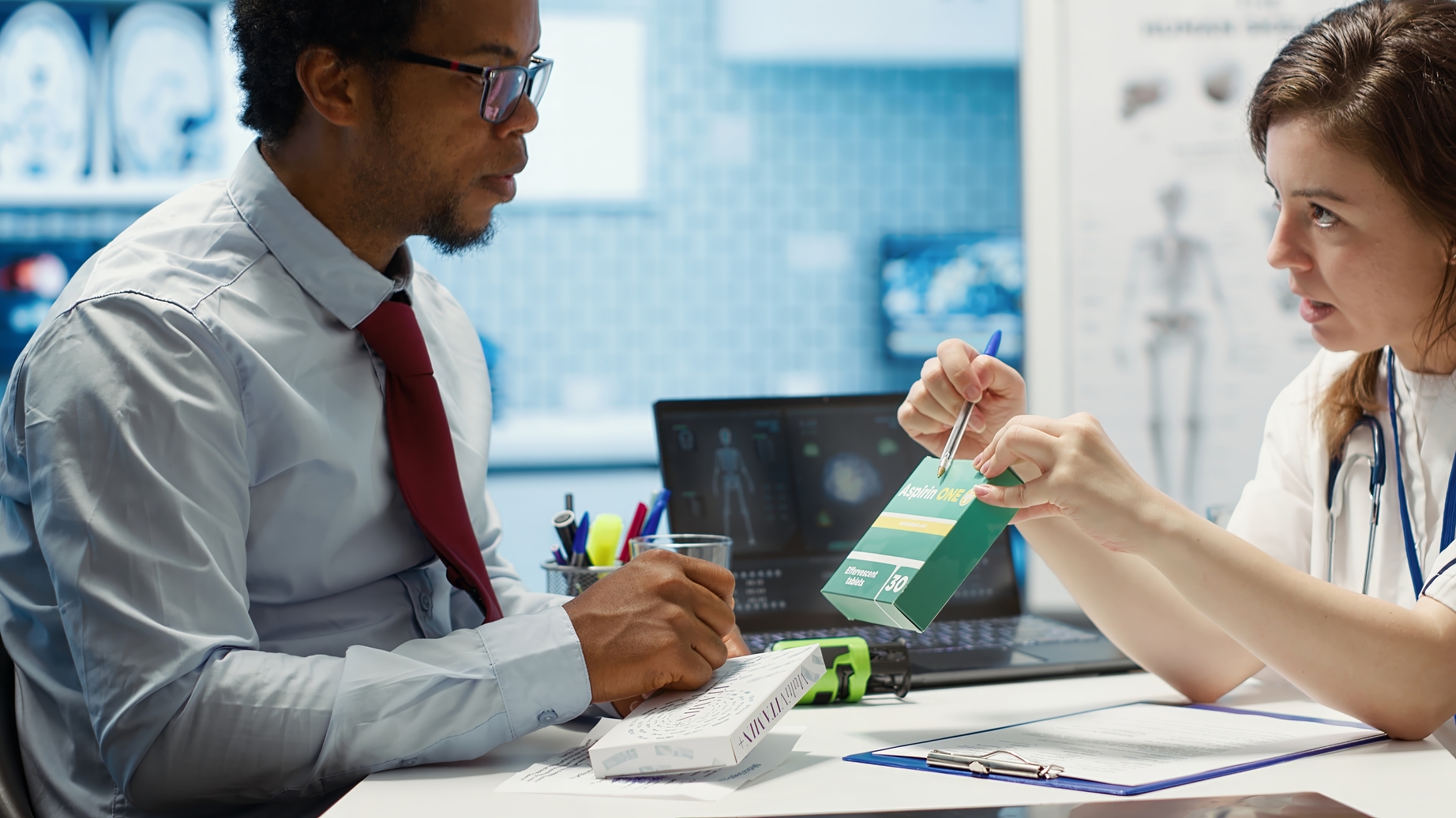 Physician recommending vitamins and painkillers on healthcare insurance, writing a stamped prescription document with instructions and the dosage of medication. Modern healthcare services. Camera A.